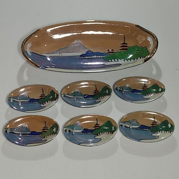 Vintage Handpainted Lusterware Celery Tray & Salts Made in Japan - Picture 2 of 12